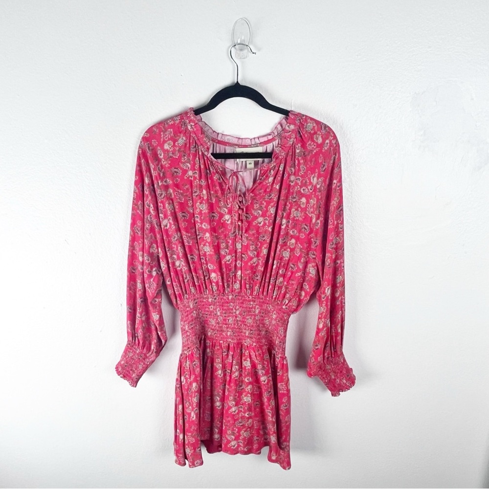 CLEOBELLA Floral Smocked Waist Long Sleeves Lined Mini Dress XS Boho Cottagecore